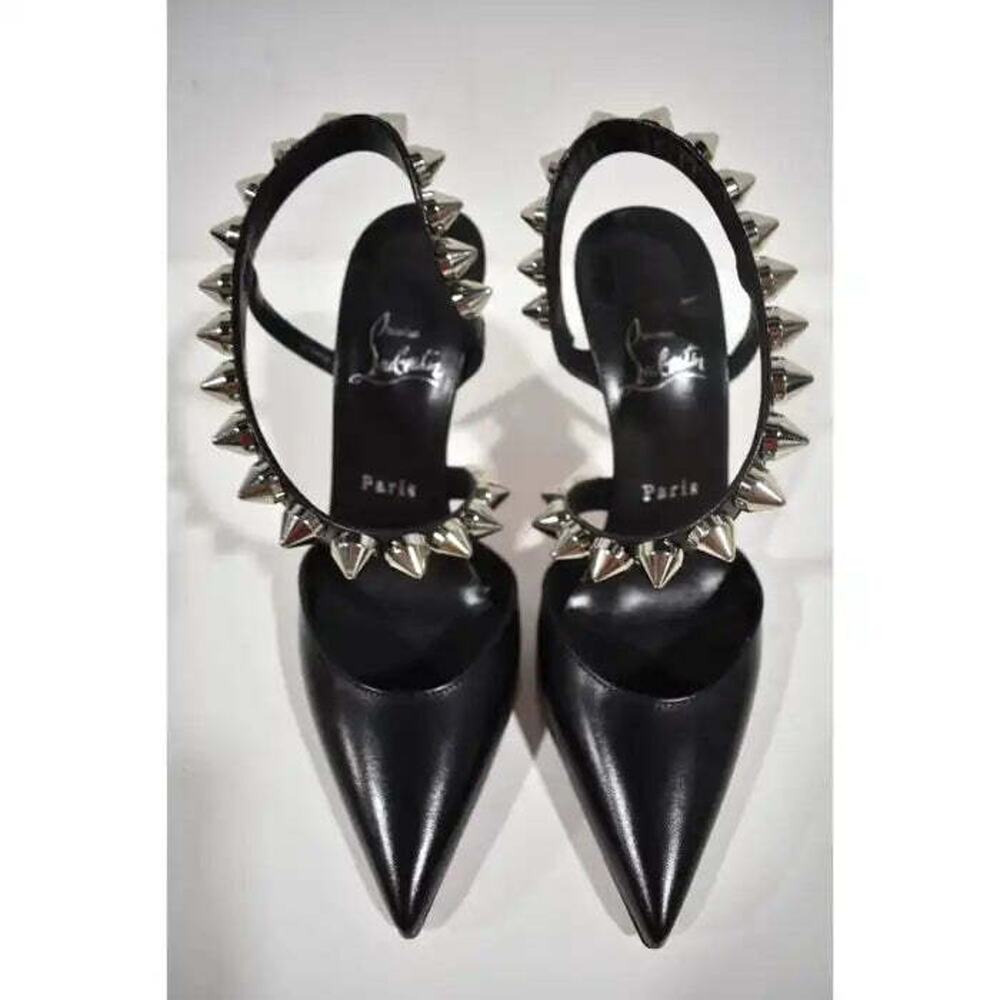 Christian Louboutin Spikita Pump 100 Black Silver Spike Strappy Sandal Heel 39 - Picture 7 of 12